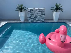 Ein Swimmingpool mit klarem, blauem Wasser, einem rosa Flamingo-Schwimmpfahl und zwei Blumentöpfen am Poolrand.