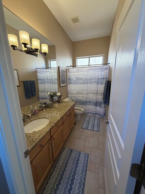 Hair dryer, towels, soap, toilet paper