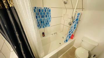 Hair dryer, towels, soap, toilet paper