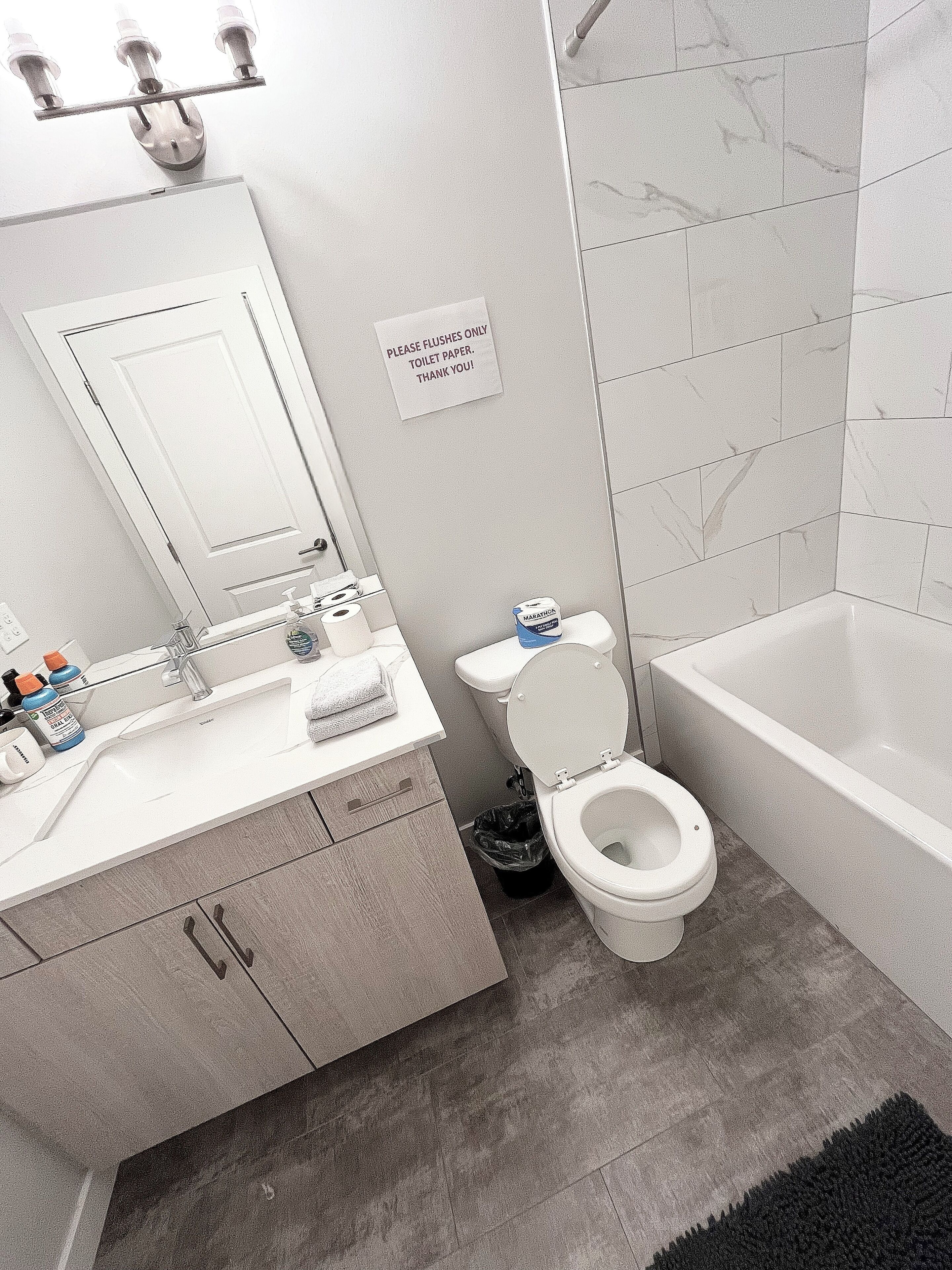Hair dryer, towels, shampoo, toilet paper