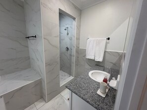 Shower, towels, soap, toilet paper