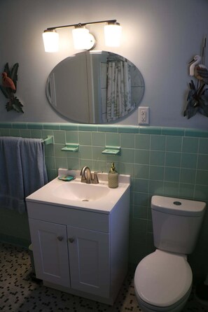 Regadera, toallas, jabón, papel de baño 