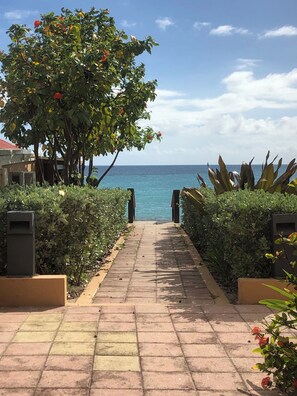 A paved pathway leading to a view of the ocean, flanked by greenery and a building with a red roof. - Charming 1-bedroom studio in beautiful Sint Maarten. (Philipsburg)
