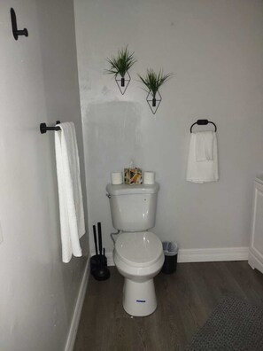 Douche, sèche-cheveux, serviettes fournies, savon