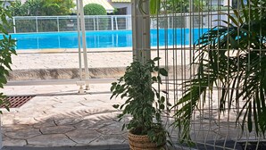 Zona de piscina amb una tanca metàl·lica, una planta en test i un pati amb paviment de pedra.