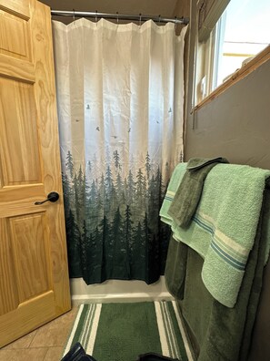 Hair dryer, towels, soap, shampoo