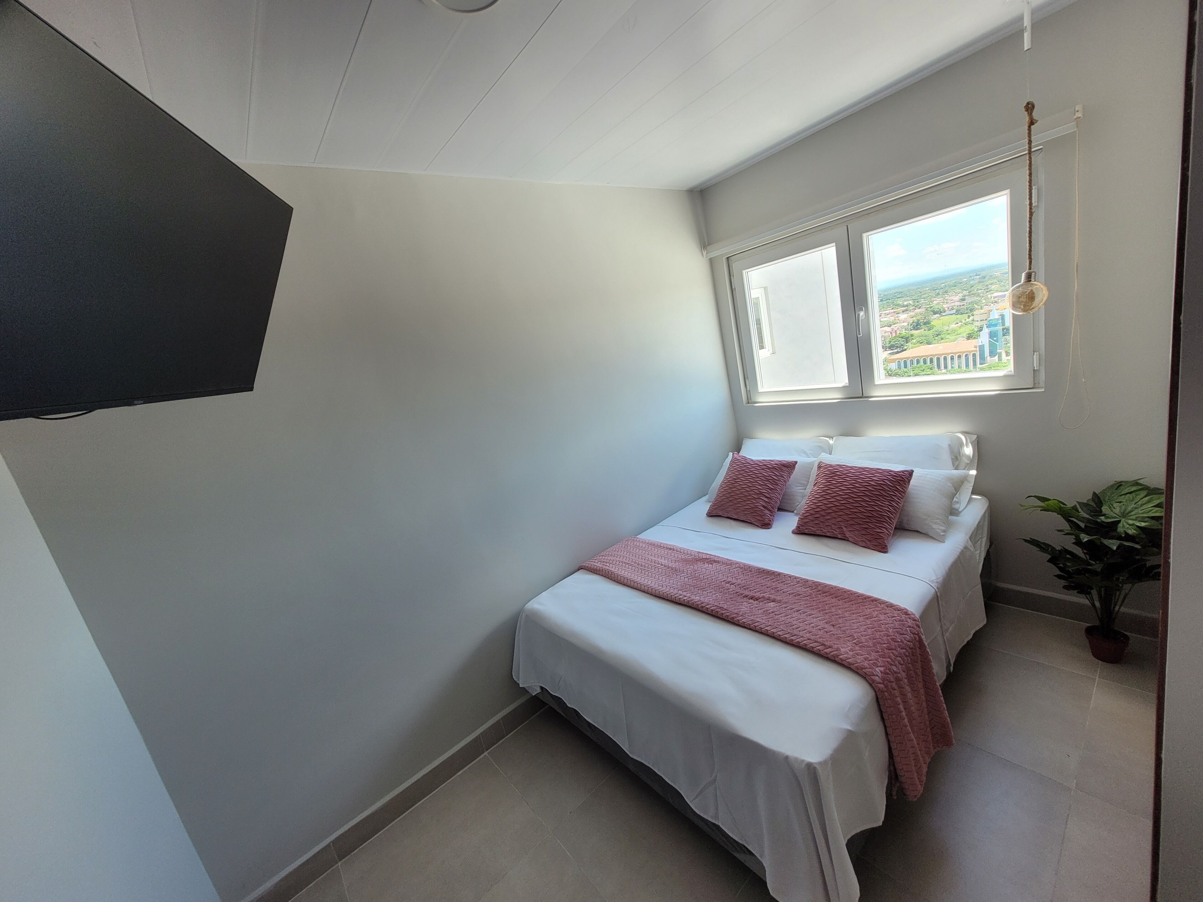 Un dormitorio con una cama, una ventana y una planta.