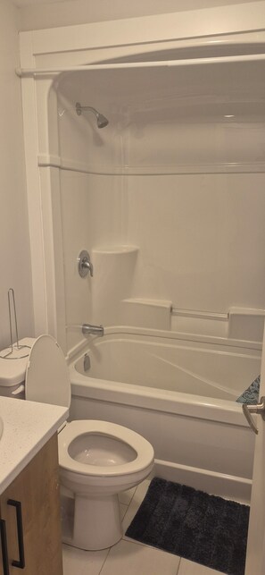 Een haardroger, handdoeken, zeep, toiletpapier