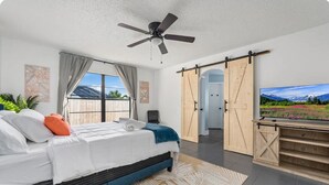 Ein Schlafzimmer mit Bett, Deckenventilator, Fernseher und einer Schiebetür im Scheunenstil.