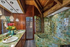 Shower, towels, soap, toilet paper