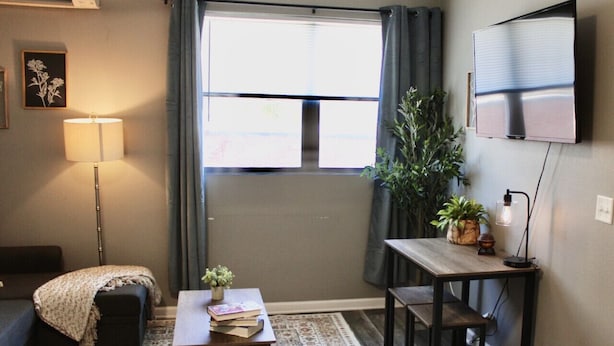 A cozy living room with a sofa, a small table with books and a plant, a lamp, a TV on the wall, and a window with curtains. - Modern Hideaway: Steps from Sights & City Vibes (Little Rock)
