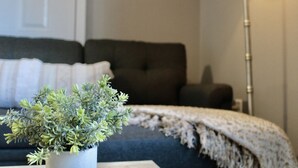 A room with a dark-colored sofa, a white pillow, and a small potted plant on a table. - Modern Hideaway: Steps from Sights & City Vibes (Little Rock)
