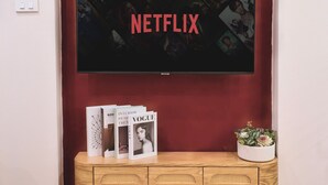 Un televisor montado en una pared roja, con un mueble de madera debajo que muestra libros y una planta.