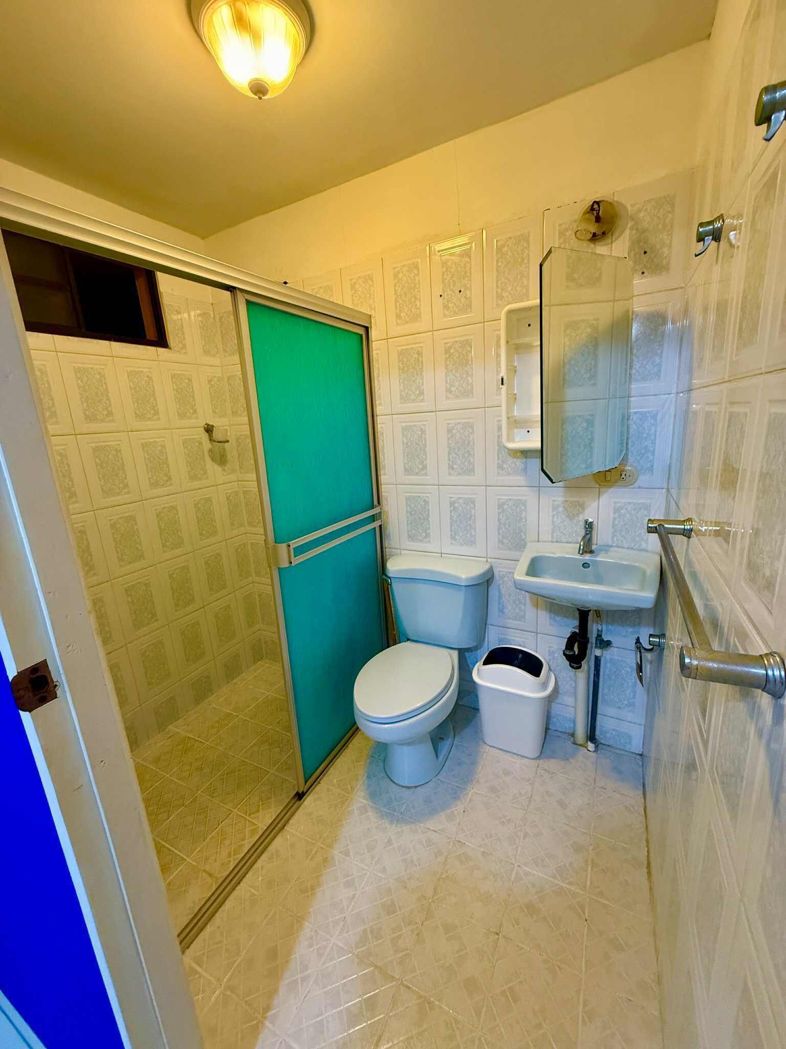 Shower, towels, soap, toilet paper