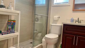 Hair dryer, towels, soap, toilet paper