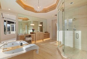 Shower, hair dryer, shampoo