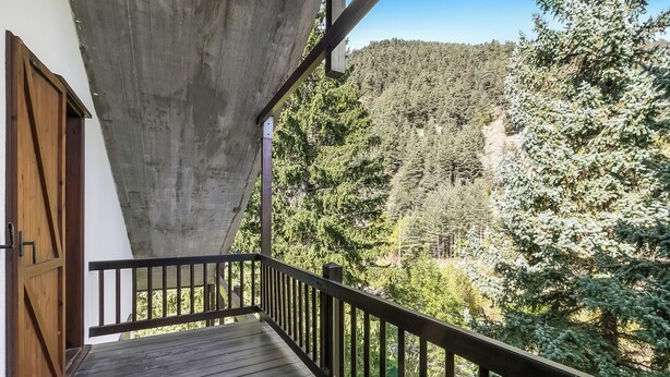 Een balkon met houten vloer en zwarte leuning, met uitzicht op een bebost glooiend landschap.