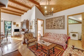 Amplia sala de estar con techo de madera, un sofá estampado, una mesa de centro de madera y un televisor.