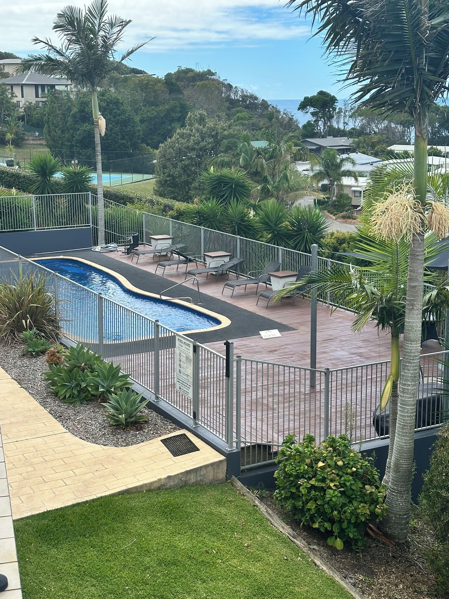 A swimming pool with a surrounding deck, palm trees, and a view of a residential area.