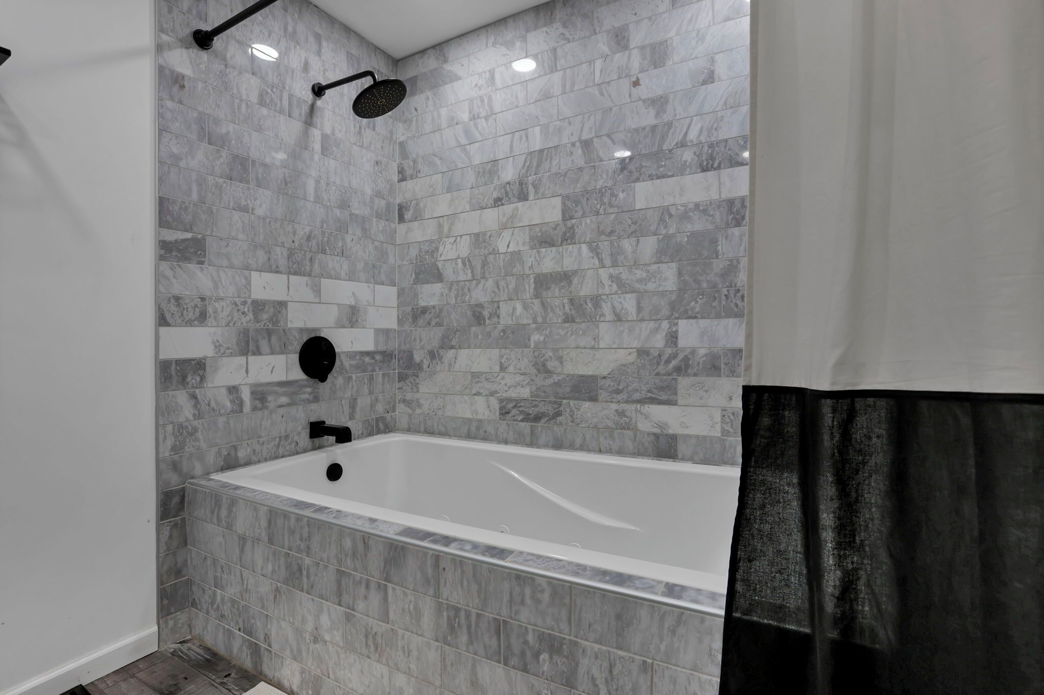 Shower, jetted tub, hair dryer, towels
