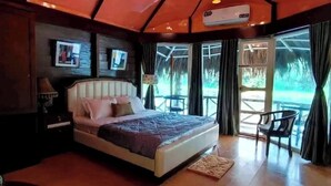 Een slaapkamer met een bed, een plafondventilator, een airconditioning, een televisie en uitzicht op de omgeving.