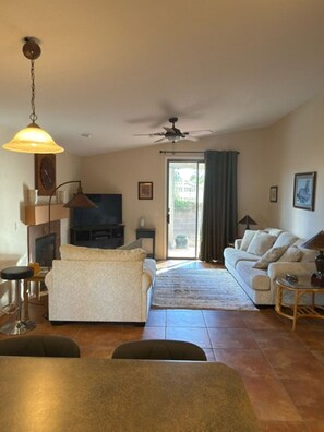 Smart TV, fireplace, DVD player, books