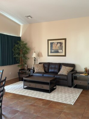 Smart TV, fireplace, DVD player, books