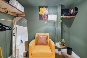 Smart TV, fireplace, books