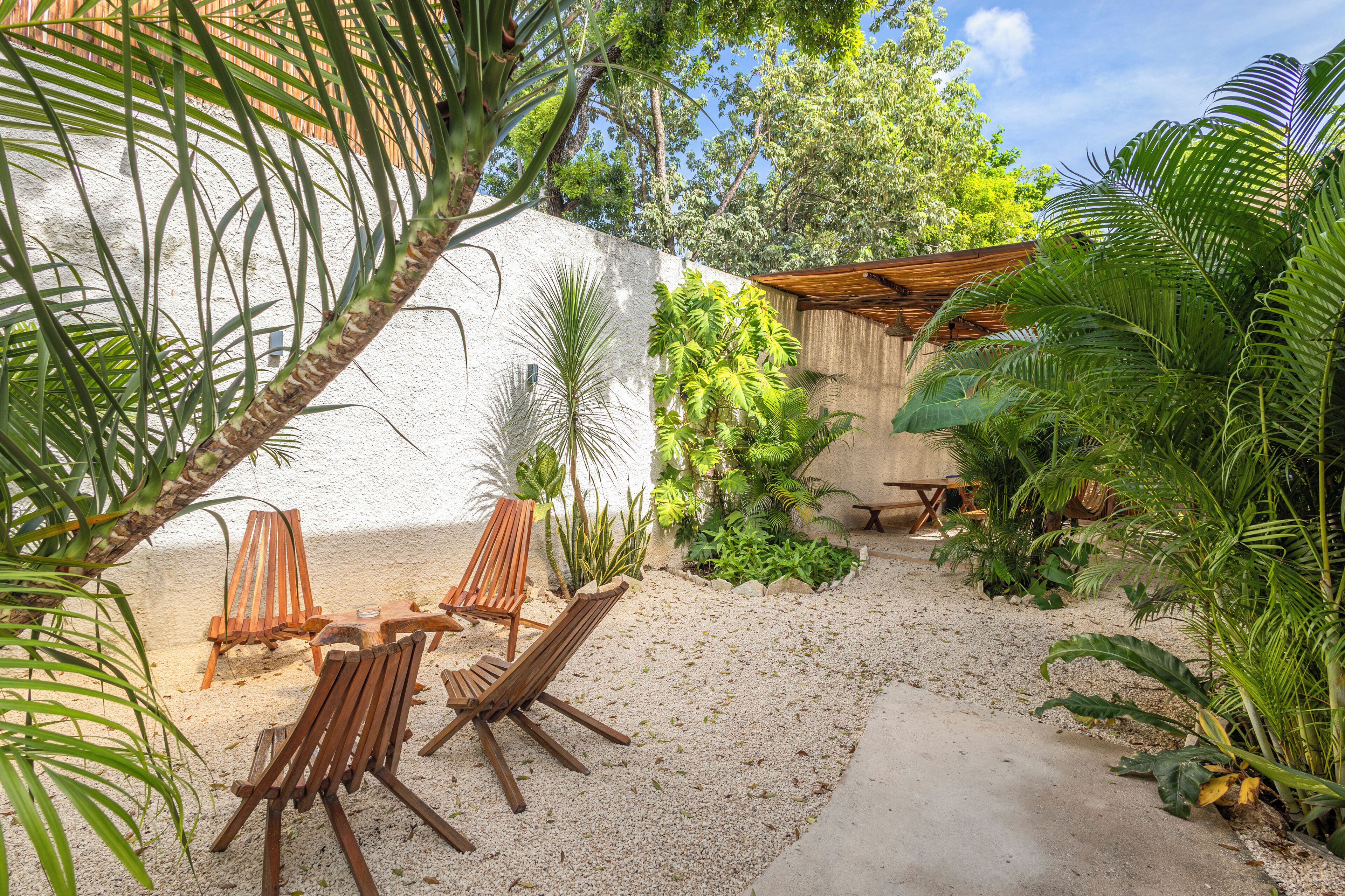 A patio area with wooden chairs and a table, surrounded by tropical plants and a white wall.