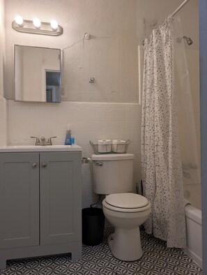 Secadora de cabello, toallas, jabón, papel de baño 