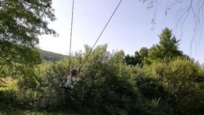 A person on a zip line through a wooded area. - Lička Vodenica Rustical Oasis (Josipdol)