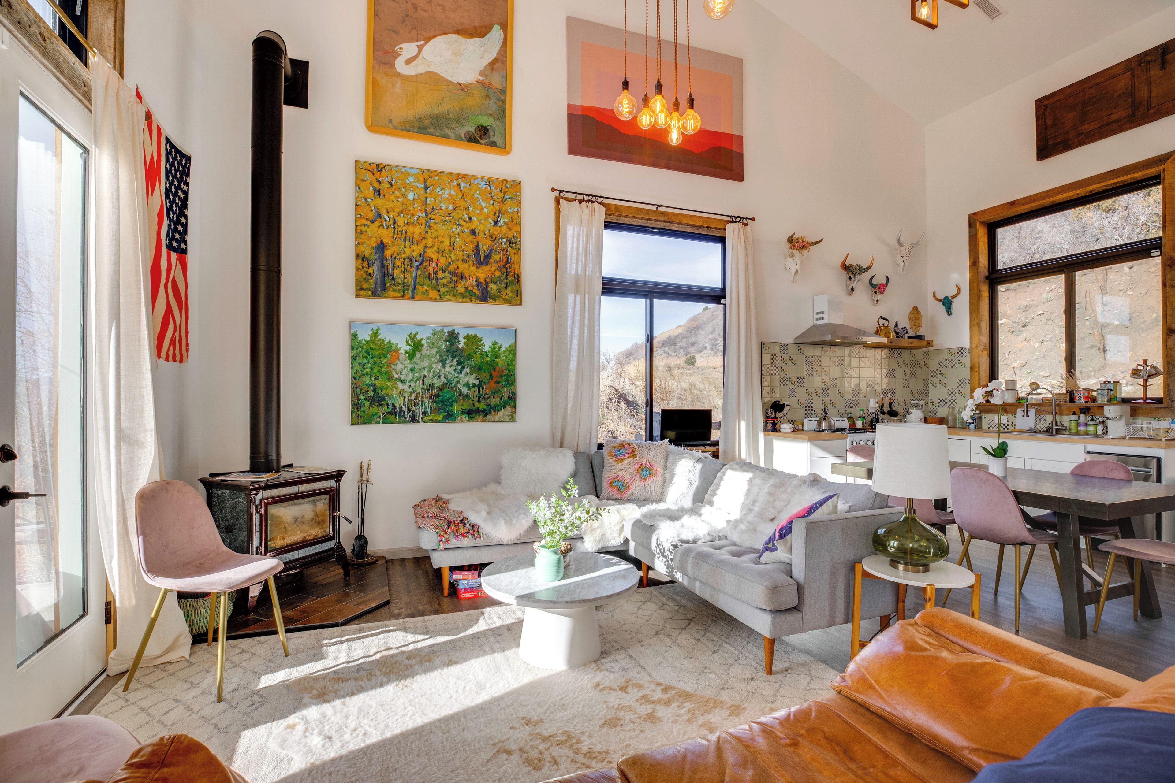 TV, fireplace, books