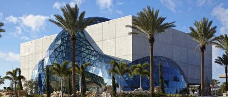 A modern building with a unique glass facade and palm trees in the foreground.