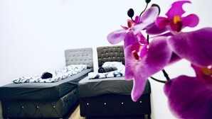 Un dormitorio con dos camas, una con cabecera capitonada y la otra de diseño más sencillo.
