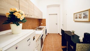 Una cocina compacta con gabinetes blancos, un fregadero y una estufa. Hay una planta en maceta con flores amarillas sobre la encimera.