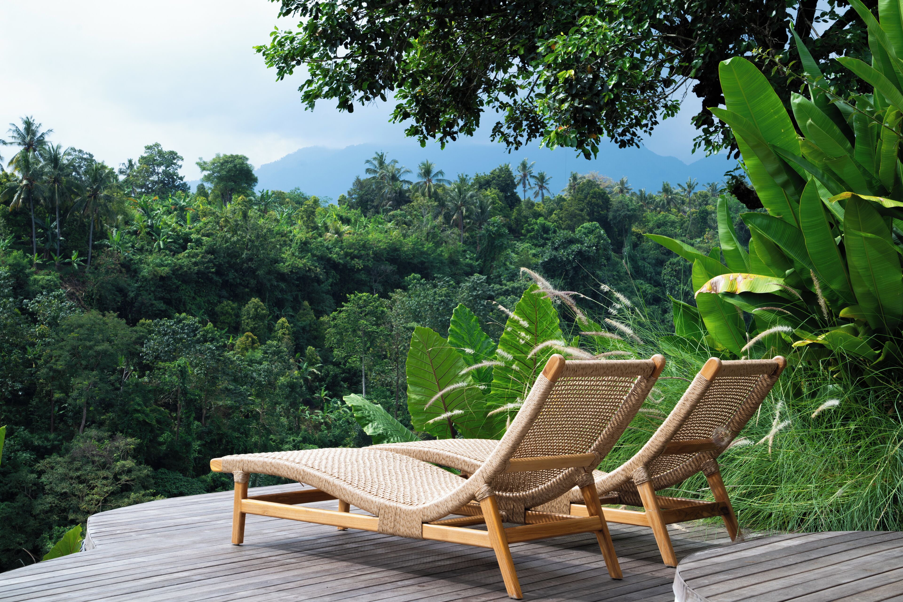 Dos sillones de mimbre sobre una terraza de madera, con vistas a un bosque verde exuberante y montañas al fondo.