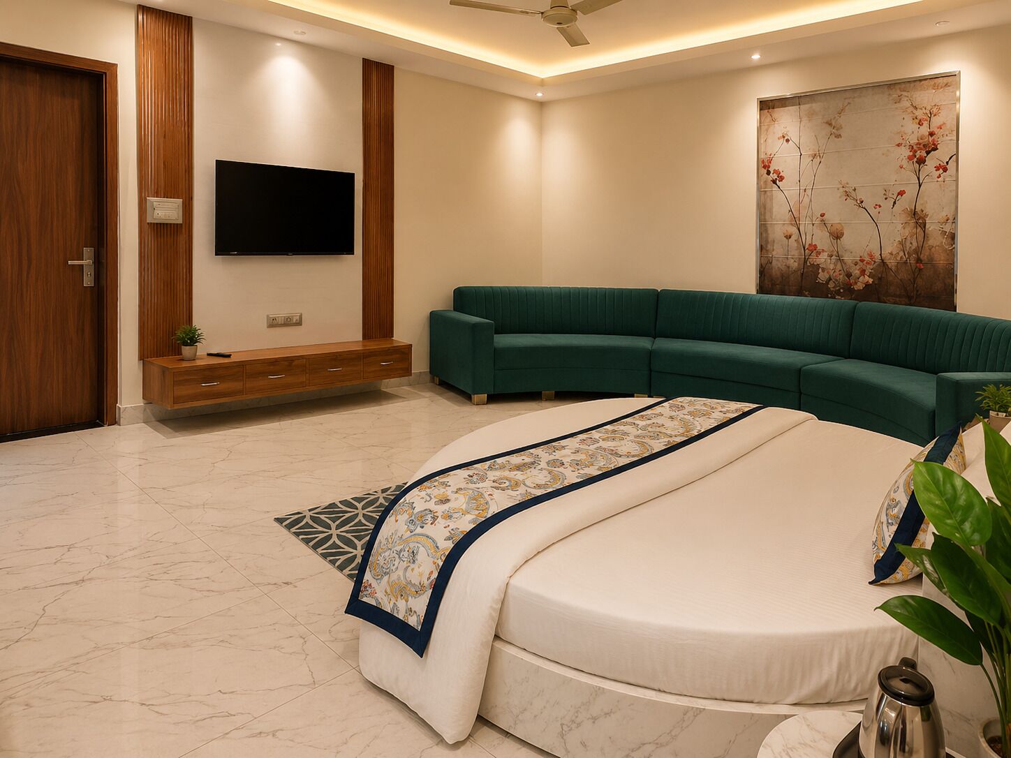 Un dormitorio moderno con una cama grande, un sofá modular verde, un televisor de pantalla plana y un elemento decorativo en la pared.