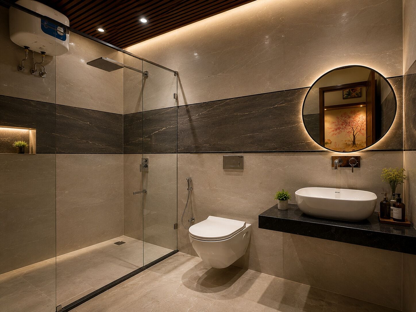 Un baño moderno con ducha envuelta en vidrio, inodoro blanco y tocador con lavamanos y espejo.