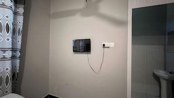 Shower, towels, soap, toilet paper