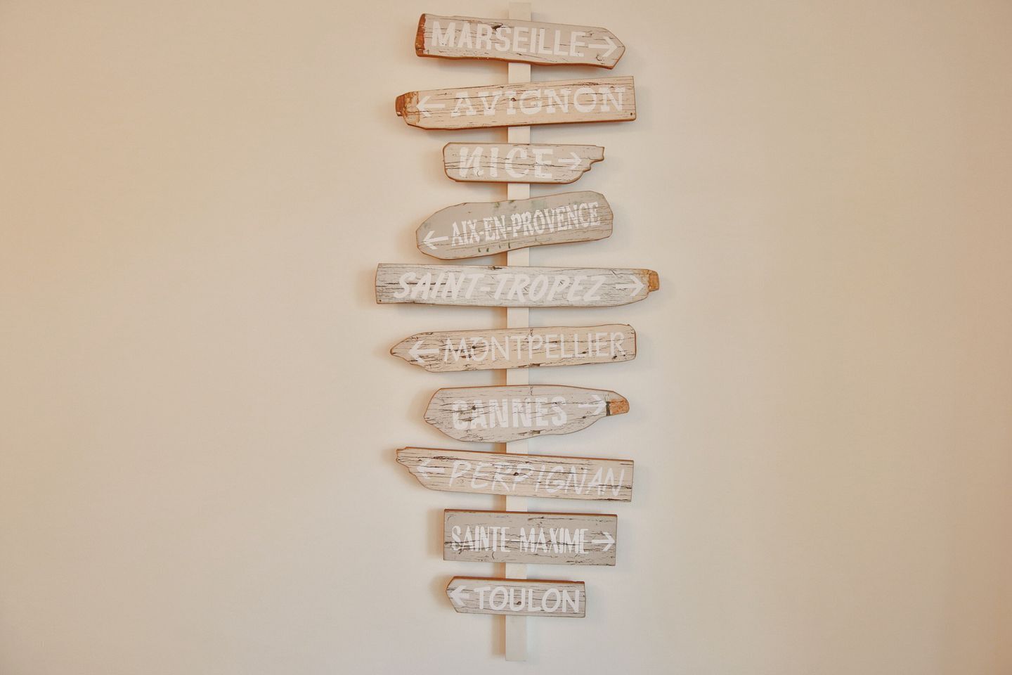 A vertical arrangement of wooden signs with directional arrows and names of French cities.
