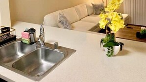 Una cucina moderna con un lavello doppio, un'area pranzo con un divano e un quadro appeso al muro.