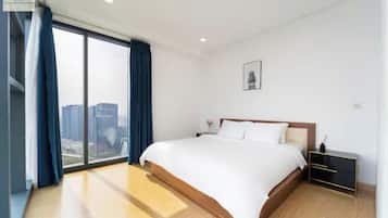 Premium bedding, down comforters, desk, blackout drapes