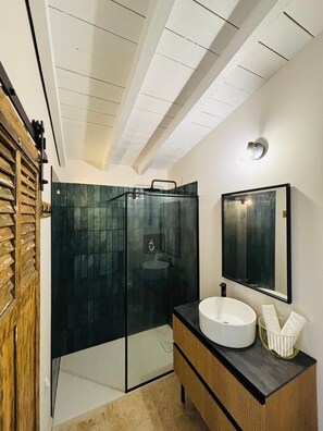 Douche, sèche-cheveux, serviettes fournies, savon