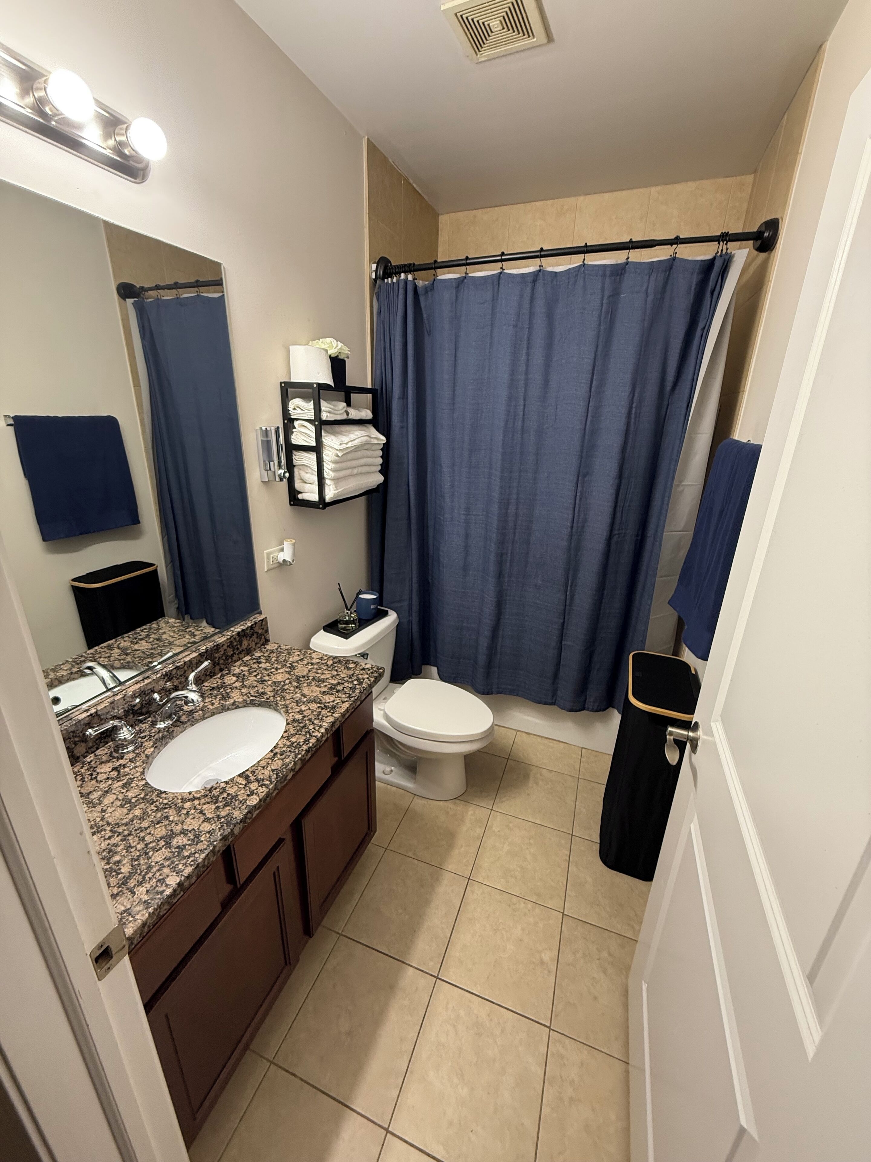 Une salle de bain avec un lavabo à dessus de comptoir en granit, des toilettes et un rideau de douche.