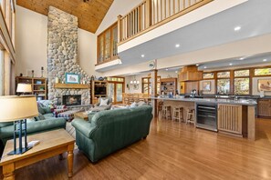 TV, fireplace, books, offices