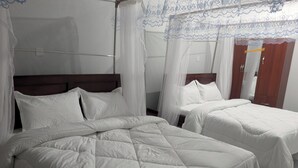 Una habitación de hotel con dos camas, una cama con dosel y otra cama separada con dosel.