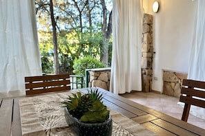 A wooden dining table with a woven placemat, two chairs, and a potted plant.