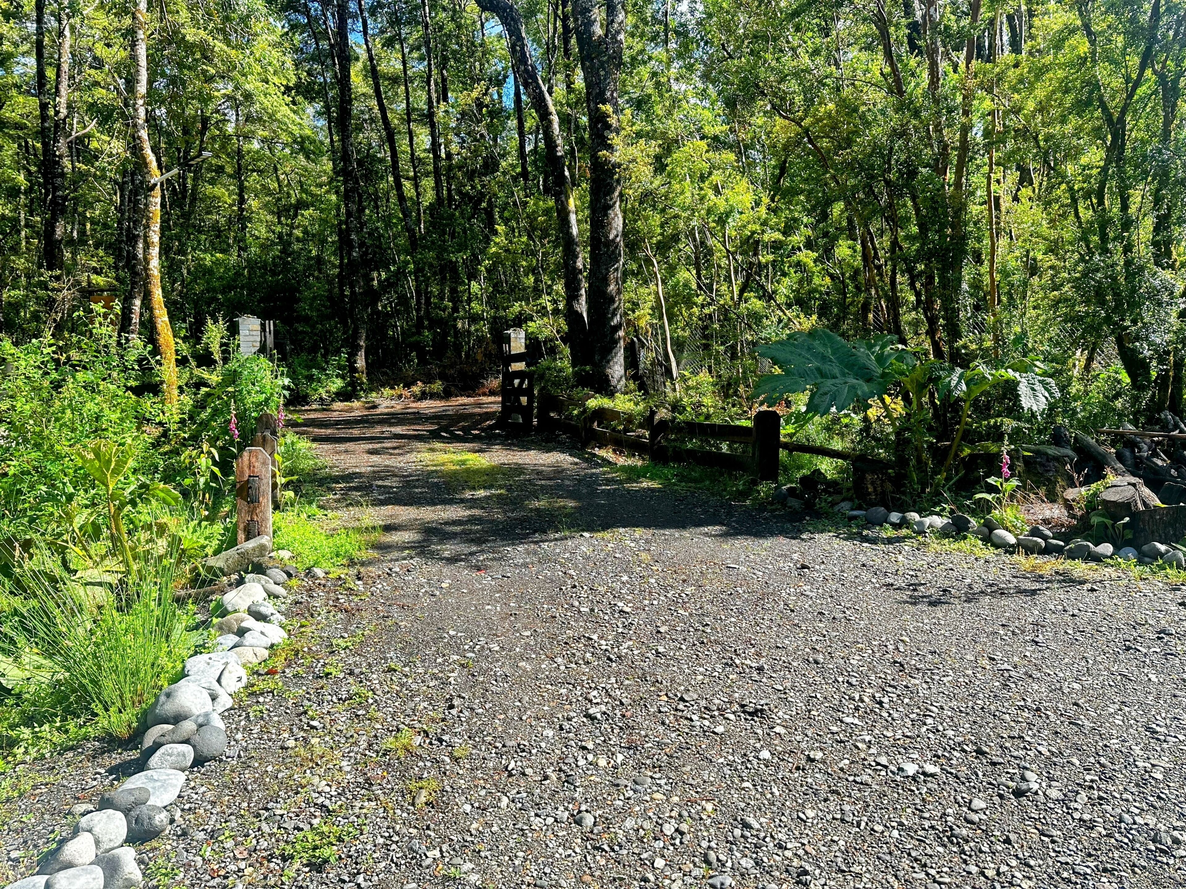 Un sendero de grava que serpentea por un bosque, con una valla de madera y un banco.