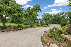 A residential driveway curving through a well-maintained lawn with a house in the background.