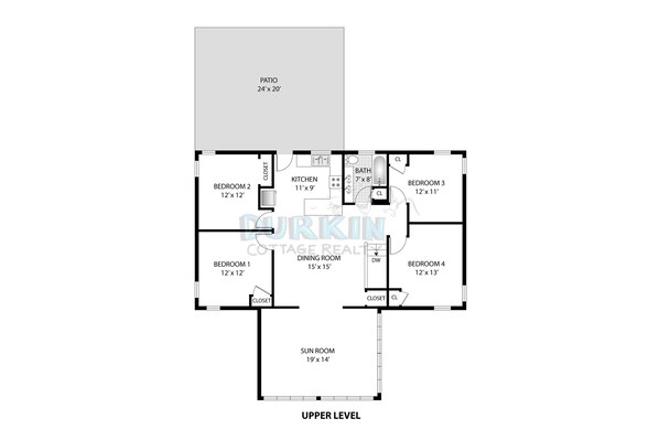 Ein Grundriss eines Hauses mit Terrasse, vier Schlafzimmern, einer Küche, einem Esszimmer, einem Wintergarten und einem Badezimmer.